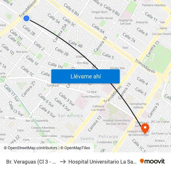 Br. Veraguas (Cl 3 - Kr 29a) to Hospital Universitario La Samaritana map