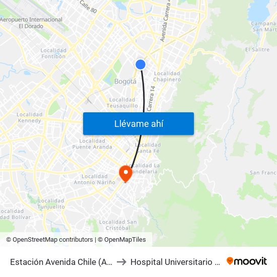 Estación Avenida Chile (Av. NQS - Cl 71c) to Hospital Universitario La Samaritana map