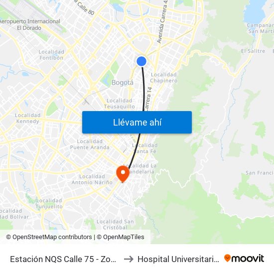 Estación NQS Calle 75 - Zona M (Av. NQS - Cl 75) to Hospital Universitario La Samaritana map