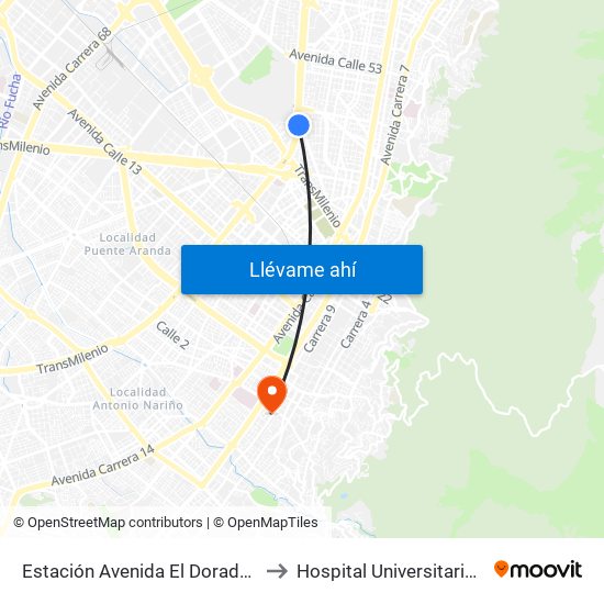 Estación Avenida El Dorado (Av. NQS - Cl 40a) to Hospital Universitario La Samaritana map