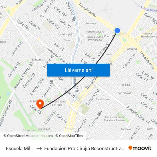 Escuela Militar to Fundación Pro Cirujìa Reconstructiva Cirec map