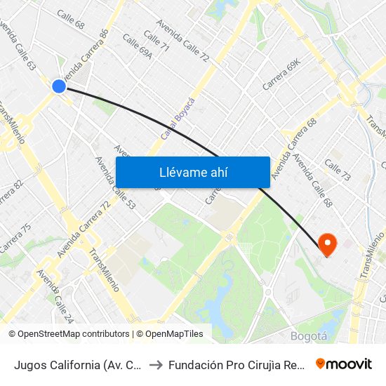 Jugos California (Av. C. De Cali - Ac 63) to Fundación Pro Cirujìa Reconstructiva Cirec map