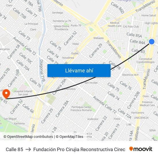 Calle 85 to Fundación Pro Cirujìa Reconstructiva Cirec map