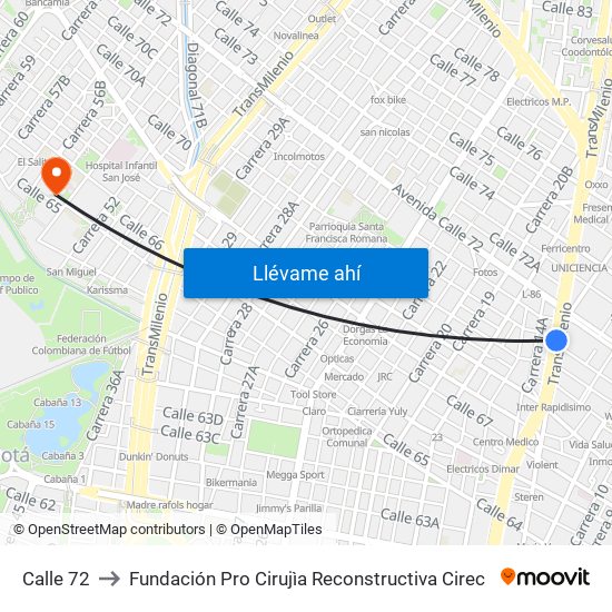 Calle 72 to Fundación Pro Cirujìa Reconstructiva Cirec map