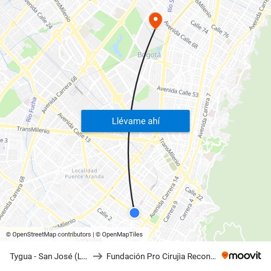 Tygua - San José (Lado Norte) to Fundación Pro Cirujìa Reconstructiva Cirec map