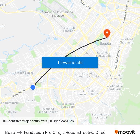 Bosa to Fundación Pro Cirujìa Reconstructiva Cirec map