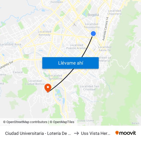 Ciudad Universitaria - Lotería De Bogotá to Uss Vista Hermosa map