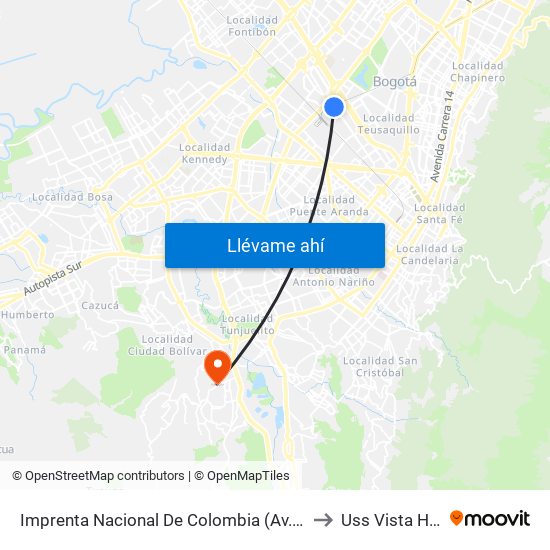 Imprenta Nacional De Colombia (Av. Esperanza - Kr 66) to Uss Vista Hermosa map