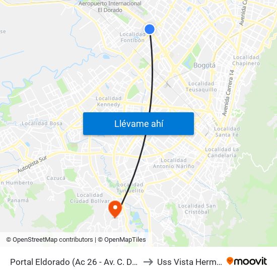 Portal Eldorado (Ac 26 - Av. C. De Cali) to Uss Vista Hermosa map