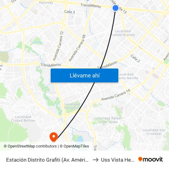 Estación Distrito Grafiti (Av. Américas - Kr 53a) to Uss Vista Hermosa map