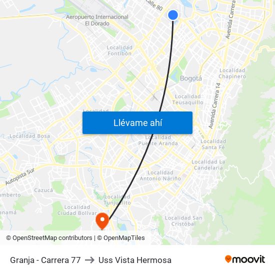 Granja - Carrera 77 to Uss Vista Hermosa map