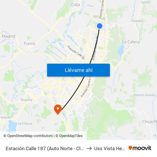 Estación Calle 187 (Auto Norte - Cl 187 Bis) (A) to Uss Vista Hermosa map