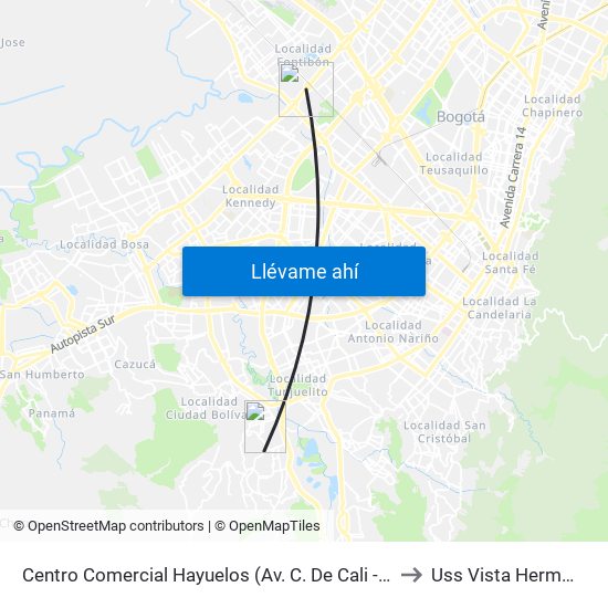 Centro Comercial Hayuelos (Av. C. De Cali - Cl 20) to Uss Vista Hermosa map