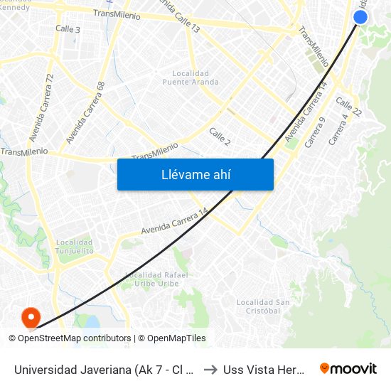 Universidad Javeriana (Ak 7 - Cl 40) (B) to Uss Vista Hermosa map