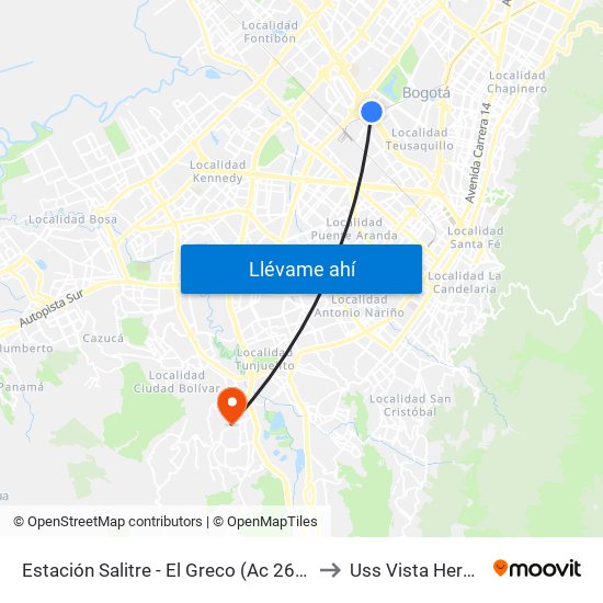 Estación Salitre - El Greco (Ac 26 - Ak 68) to Uss Vista Hermosa map