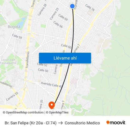 Br. San Felipe (Kr 20a - Cl 74) to Consultorio Medico map