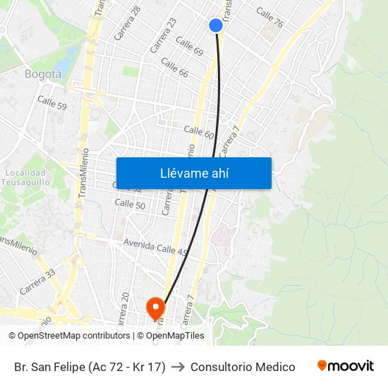 Br. San Felipe (Ac 72 - Kr 17) to Consultorio Medico map