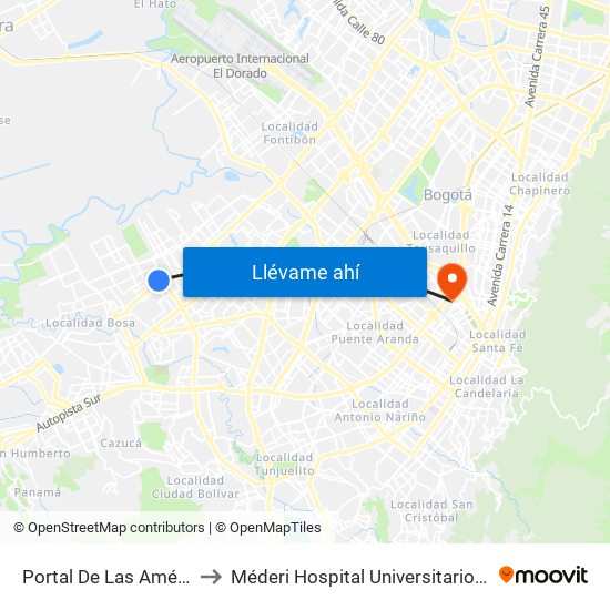 Portal De Las Américas to Méderi Hospital Universitario Mayor map