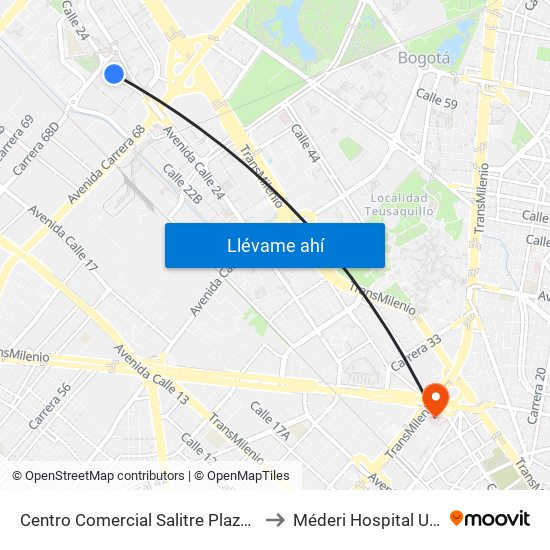 Centro Comercial Salitre Plaza (Av. La Esperanza - Kr 68b) to Méderi Hospital Universitario Mayor map