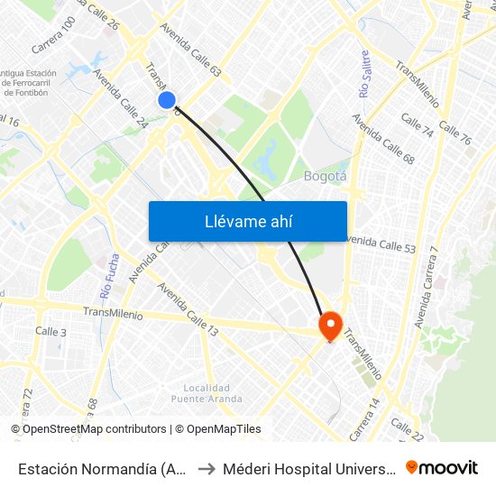 Estación Normandía (Ac 26 - Kr 74) to Méderi Hospital Universitario Mayor map