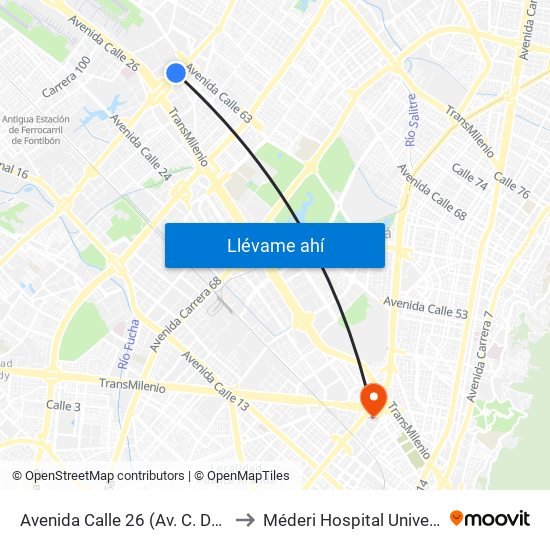 Avenida Calle 26 (Av. C. De Cali - Cl 51) (A) to Méderi Hospital Universitario Mayor map