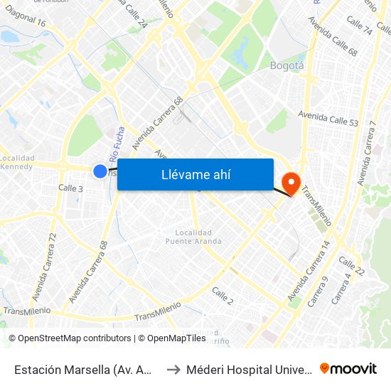 Estación Marsella (Av. Américas - Kr 69b) to Méderi Hospital Universitario Mayor map