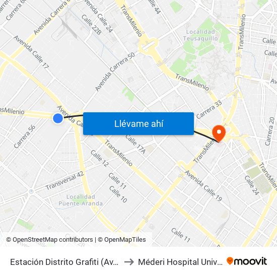 Estación Distrito Grafiti (Av. Américas - Kr 53a) to Méderi Hospital Universitario Mayor map