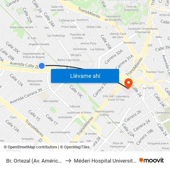 Br. Ortezal (Av. Américas - Tv 39) to Méderi Hospital Universitario Mayor map