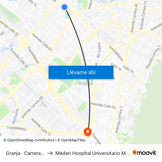 Granja - Carrera 77 to Méderi Hospital Universitario Mayor map