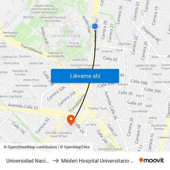 Universidad Nacional to Méderi Hospital Universitario Mayor map