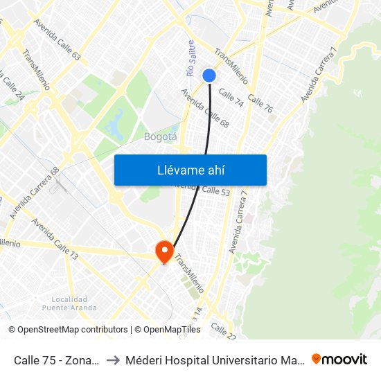 Calle 75 - Zona M to Méderi Hospital Universitario Mayor map