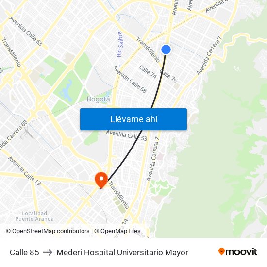 Calle 85 to Méderi Hospital Universitario Mayor map
