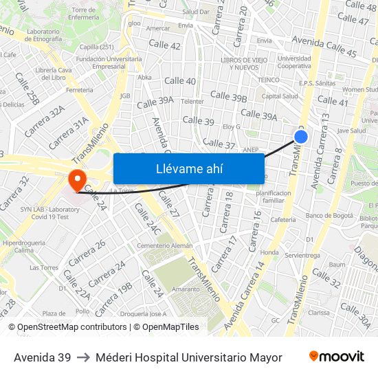 Avenida 39 to Méderi Hospital Universitario Mayor map