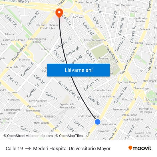 Calle 19 to Méderi Hospital Universitario Mayor map
