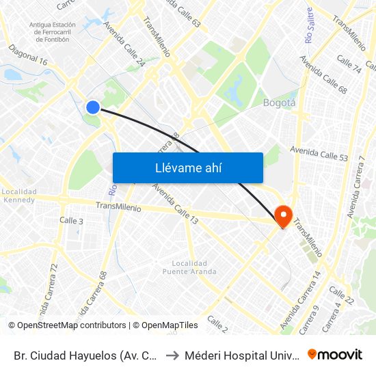 Br. Ciudad Hayuelos (Av. Centenario - Kr 78g) to Méderi Hospital Universitario Mayor map