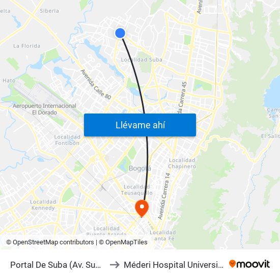 Portal De Suba (Av. Suba - Kr 106) to Méderi Hospital Universitario Mayor map