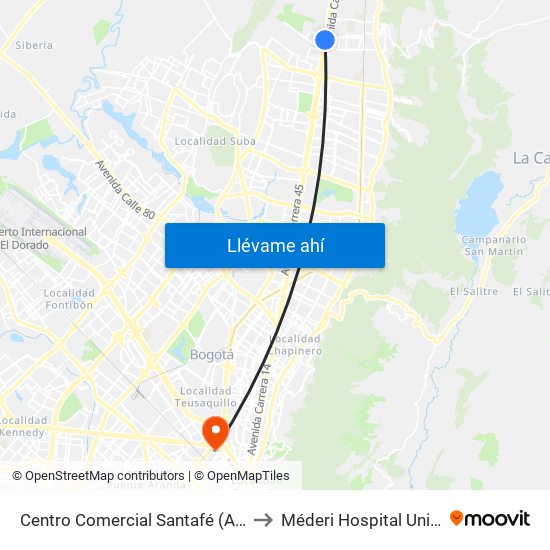 Centro Comercial Santafé (Auto Norte - Cl 187) (B) to Méderi Hospital Universitario Mayor map