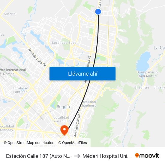 Estación Calle 187 (Auto Norte - Cl 187 Bis) (A) to Méderi Hospital Universitario Mayor map