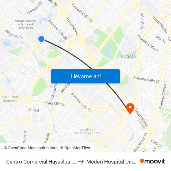 Centro Comercial Hayuelos (Av. C. De Cali - Cl 20) to Méderi Hospital Universitario Mayor map