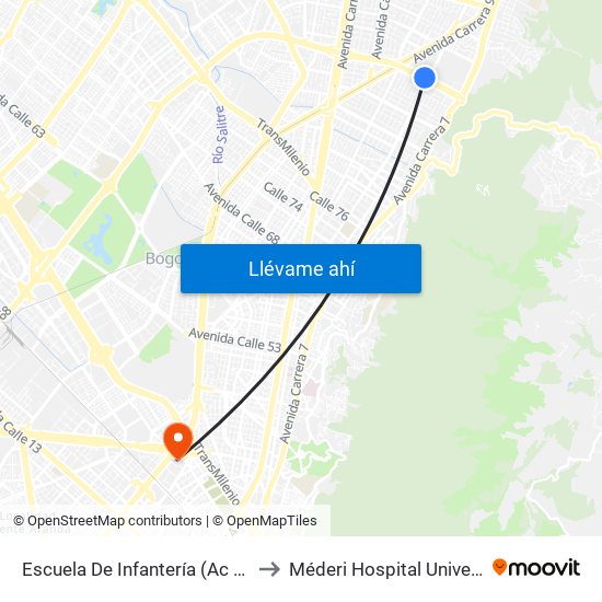 Escuela De Infantería (Ac 100 - Kr 11a) (B) to Méderi Hospital Universitario Mayor map