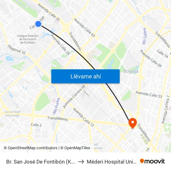 Br. San José De Fontibón (Kr 100 - Av. Esperanza) to Méderi Hospital Universitario Mayor map