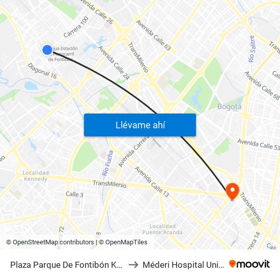 Plaza Parque De Fontibón Kr 100 (Kr 100 - Cl 17a) to Méderi Hospital Universitario Mayor map