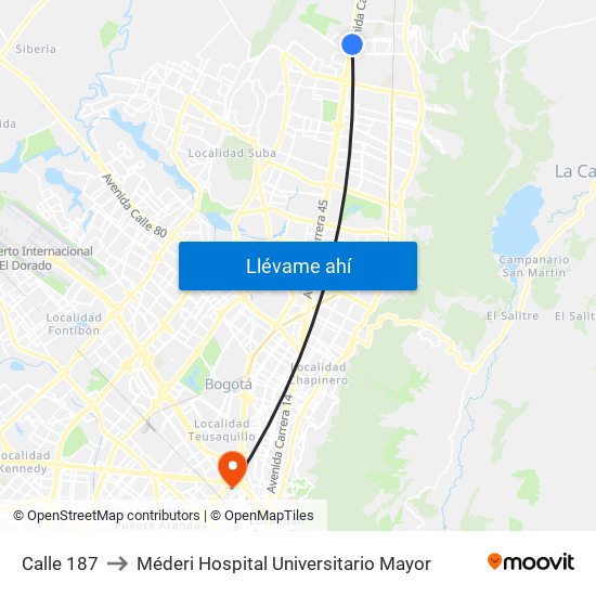 Calle 187 to Méderi Hospital Universitario Mayor map