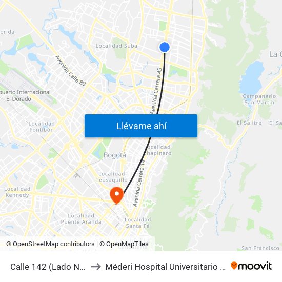 Calle 142 (Lado Norte) to Méderi Hospital Universitario Mayor map