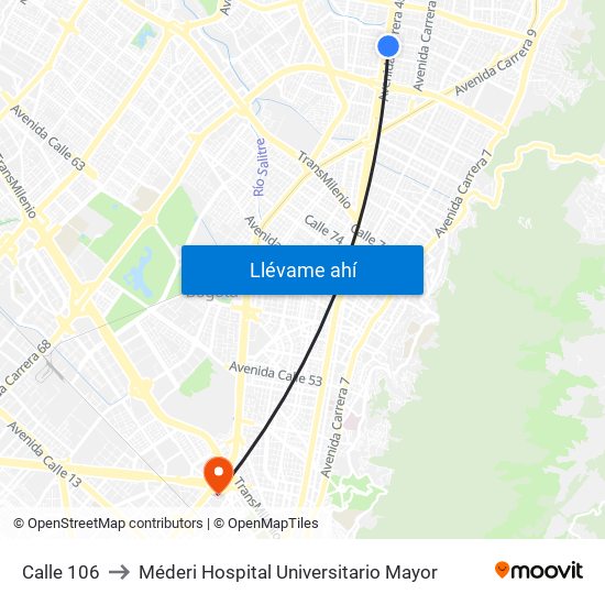 Calle 106 to Méderi Hospital Universitario Mayor map