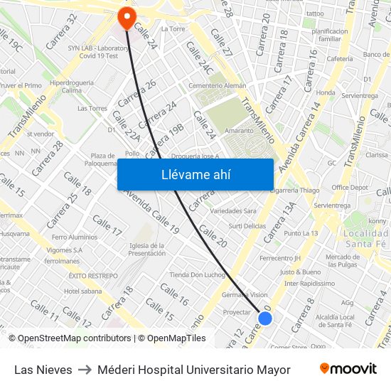 Las Nieves to Méderi Hospital Universitario Mayor map