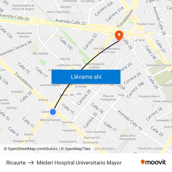 Ricaurte to Méderi Hospital Universitario Mayor map