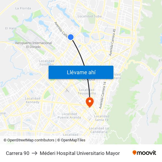 Carrera 90 to Méderi Hospital Universitario Mayor map