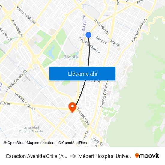 Estación Avenida Chile (Av. NQS - Cl 71c) to Méderi Hospital Universitario Mayor map