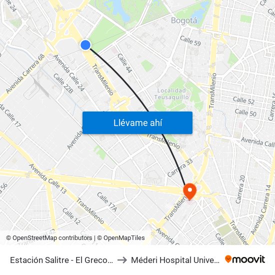 Estación Salitre - El Greco (Ac 26 - Ak 68) to Méderi Hospital Universitario Mayor map